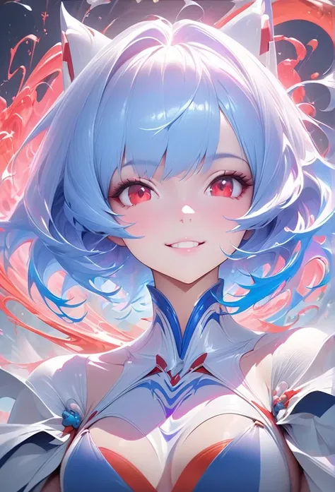 Masterpiece Portrait of Smiling Rei Ayanami (fox demon), fox tail， Caustics, High resolution illustration, Red eyes, feminine, no students, blue hair,  short hair,  Shadow flat illustration, The art of math, Popular topics on ArtStation, Very detailed, fin...