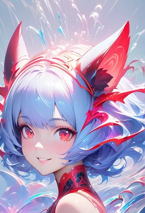 Masterpiece Portrait of Smiling Rei Ayanami (fox demon), fox tail， Caustics, High resolution illustration, Red eyes, feminine, no students, blue hair,  short hair,  Shadow flat illustration, The art of math, Popular topics on ArtStation, Very detailed, fin...