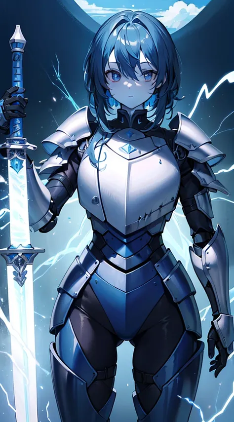 (masterpiece:1.5) (bestquality) highlydetailed, ultra-detailed, (blue skin), (no pupils), (half mechanical armor), (electricity), (giant sword)