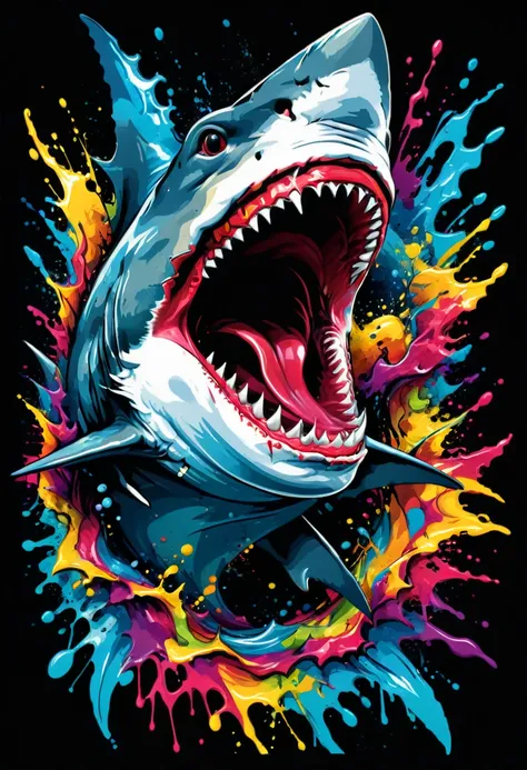 vector art for t-shirt with splash of paint, of a colorful illustration, shark with open mouth furious, uhd, high detail in 32k,...