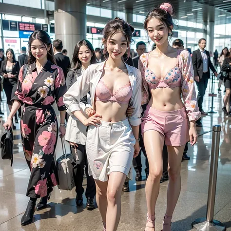 ((Highest quality、Tabletop、8K、Best image quality、Hyperrealism))、(5 female ground staff、Group of women walking side by side、Several women walking together、A group of stewardesses walking together、Cowboy Shot、5 people wearing the same uniform、Photo from the ...