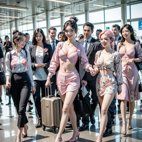 ((Highest quality、Tabletop、8K、Best image quality、Hyperrealism))、(5 female ground staff、Group of women walking side by side、Several women walking together、A group of stewardesses walking together、Cowboy Shot、5 people wearing the same uniform、Photo from the ...