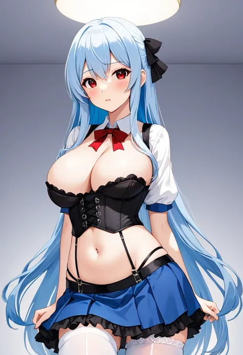 My name is Yukiko.I am a white test woman with long Sky blue hair,red eye color.I am 1.62 cm tall . My breasts measure 200 cm, my waist 40 cm and my hips 200 cm. Dressed in a black corset and a blue short skirt with garter belts and long white stockings  ....