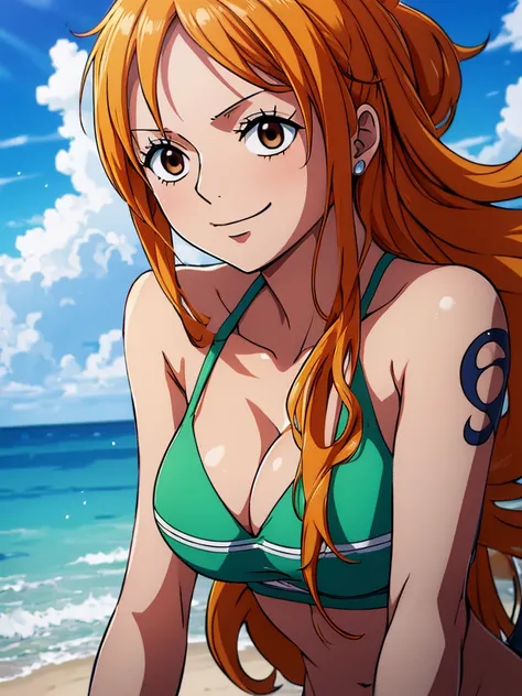 Nami from one piece,very light orange and yellowish haired girl,beautiful brown eyes, blushing cheeks,in a clouds in the sky smiling at the viewer, huge breasts, in bikini The art style should resemble a captivating anime style. For the image quality, plea...