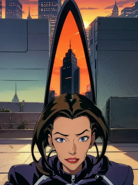 faithful image of aeon flux, linda, grinning, she is happy, ultra detalhada, she is hanging from a building with both hands, she...