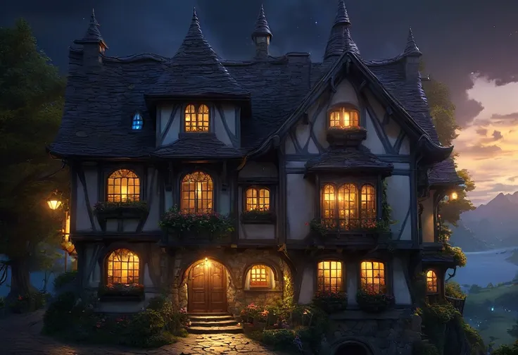 There is a house with many windows that are lit up at night., Beautiful depiction of a fairy tale, realistic Fantasy Rendering, fantasy house, Fantasy Rendering, A pleasant and enchanting scene, Inspired by Andreas Rocha, Andreas Rocha Style, Fantasy 3D Re...