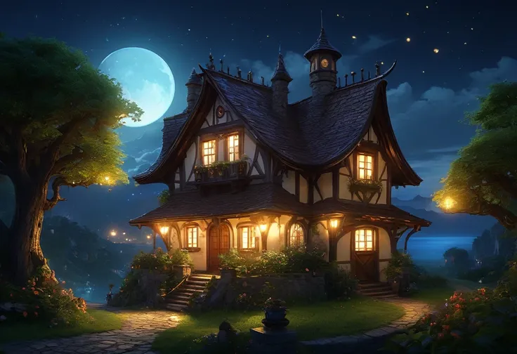 There is a house with many windows that are lit up at night., Beautiful depiction of a fairy tale, realistic Fantasy Rendering, fantasy house, Fantasy Rendering, A pleasant and enchanting scene, Inspired by Andreas Rocha, Andreas Rocha Style, Fantasy 3D Re...