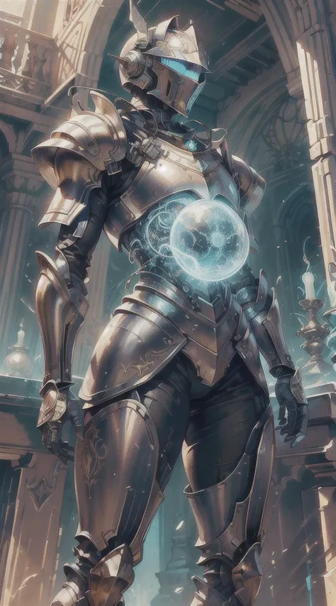 A female knight wearing a full suit of armor, with intricately designed plates covering her body. Her armor is a fusion of futuristic technology and medieval elements, blending sleek metallic surfaces with ornate engravings and motifs. The knight stands in...