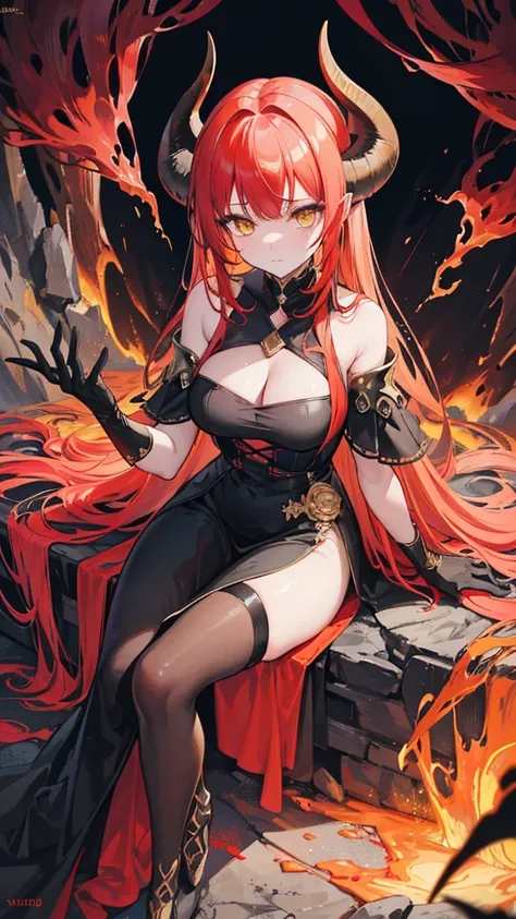 (Close-up scene, witch woman), ((flowing hair, yellow and red hair, yellow eyes)), ((long red dress with black trim, red metal gloves, black long horns)), ((background inside A palace of fire and lava, sitting on a rock chair with fiery cracks)),highly det...