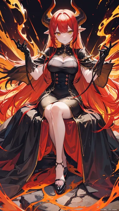 (Close-up scene, witch woman), ((flowing hair, yellow and red hair, yellow eyes)), ((long red dress with black trim, red metal gloves, black long horns)), ((background inside A palace of fire and lava, sitting on a rock chair with fiery cracks)),highly det...