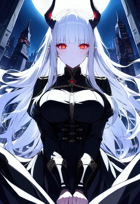 Masterpiece, very detailed, ultra detailed, one, (1 woman), she is in an ancient black military uniform, and in an elegant position, long hair, bright white hair, snow-white hair and straight bangs, white demonic horns, beautiful, charming, bright red eyes...