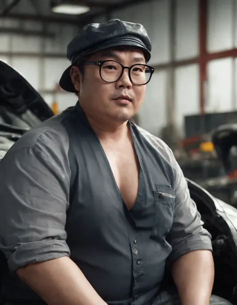 Man, Asian, Fat, Chubby, 50 years old, wearing glasses, no shirt, Shirtless, wearing a hat, car mechanic, working in a car repair shop, covered in oil, Wet, Sitting, realistic image, sharp 8K, beautiful lighting.