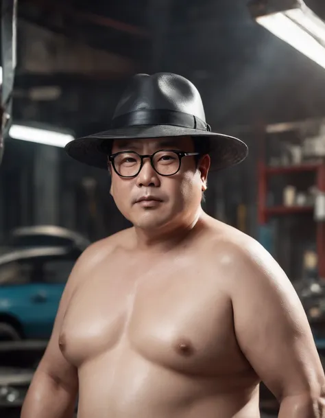 Man, Asian, Fat, Chubby, 50 years old, wearing glasses, no shirt, Shirtless, wearing a hat, car mechanic, working in a car repair shop, covered in oil, Wet, Sitting, realistic image, sharp 8K, beautiful lighting.