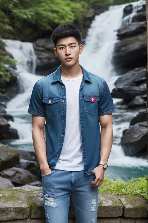 ((realistic daylight)) , Young Korean man in only a green t-shirt, no pattern. (Denim coat)  Jeans, A handsome, muscular young Asian man looks at the camera. In a simple t-shirt blue and red , By the waterfall ,turn sideways