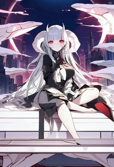 Masterpiece, very detailed, ultra detailed, one, (1 woman), she is in an ancient black military uniform, and in an elegant position, long hair, bright white hair, snow-white hair and straight bangs, white demonic horns, beautiful, charming, bright red eyes...