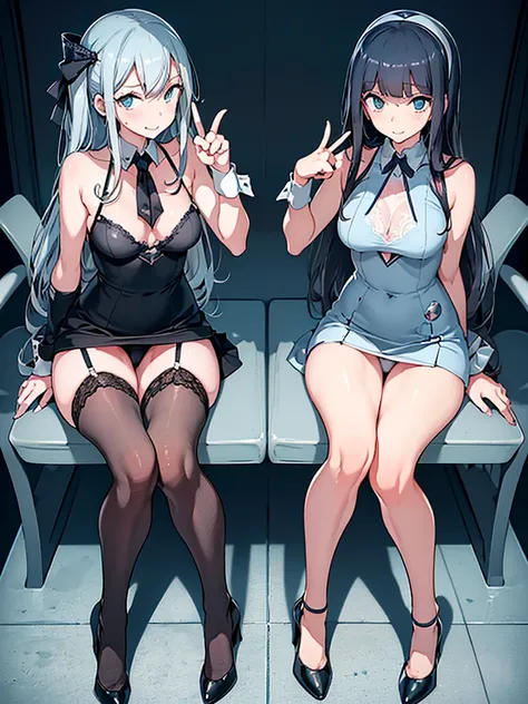 Highest quality, Ultra-high resolution, (Realistic: )2D official style cel animation,((Two slim girls are sitting in a row with their hands making peace signs))Grey suit、Grey tight mini skirt,(Lace panties、Panty stocking)High heels,全身Portrait,Commuter trai...