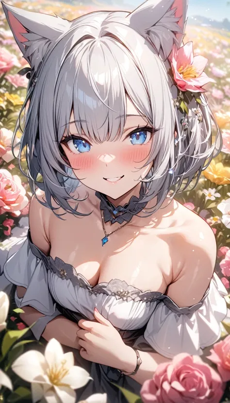 (((best quality)), ((masterpiece)), (details), masterpiece, best quality, high quality, ulutra detailed, perfect face, ((1girl, blue eyes, cat ears: 1.3 silver bob hair: 2.5,)) 、Shiny Hair、Glowing Skin、blush、Lustful look、smile、Off-the-shoulder dress、Flower...