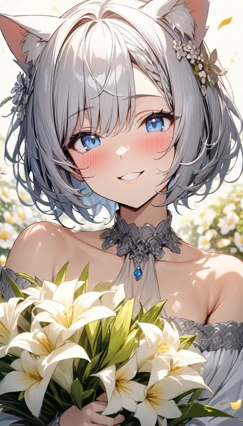 (((best quality)), ((masterpiece)), (details), masterpiece, best quality, high quality, ulutra detailed, perfect face, ((1girl, blue eyes, cat ears: 1.3 silver bob hair: 2.5,)) 、Shiny Hair、Glowing Skin、blush、Lustful look、smile、Off-the-shoulder dress、Flower...