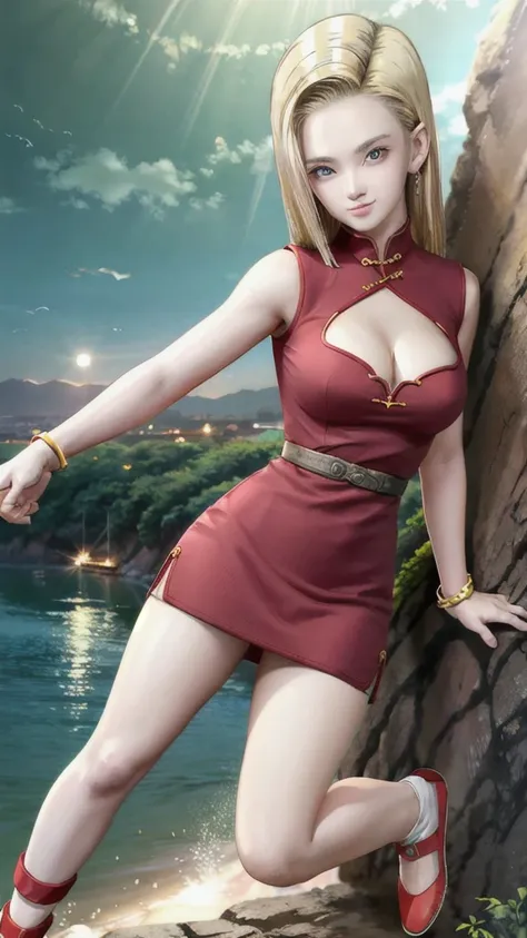 android 18,blonde hair,(((long hair))),blue eyes,(long slit red sexy cheongsam), (Red),looking at the audience,face smile,close-up,river,rock,tree,blue sky,high quality,masterpiece,sexy body, sexy Red Dress, red,perfect big breasts, Hyperrealistic intricat...