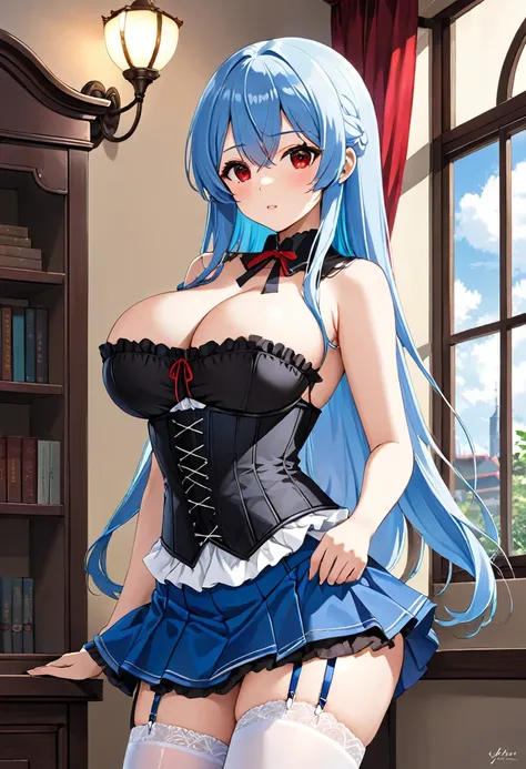 My name is Yukiko.I am a white test woman with long Sky blue hair,red eye color.I am 1.62 cm tall . My breasts measure 200 cm, my waist 40 cm and my hips 200 cm. Dressed in a black corset and a blue short skirt with garter belts and long white stockings  ....