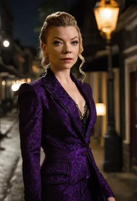 Natalie Dormer as Maman Brigitte and a handsome African American male whose facial features are a combo of Omari Hardwick + Nathan Mitchell + Yusuf Gatewood as Baron Samedi enjoy an evening stroll. Both are dressed attractively for a night on the town in N...