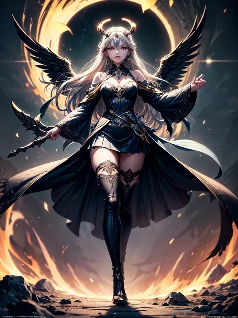 in the middle of the burning battlefield filled with broken swords and dead sodiers stand beatiful female fallen angel with blac...