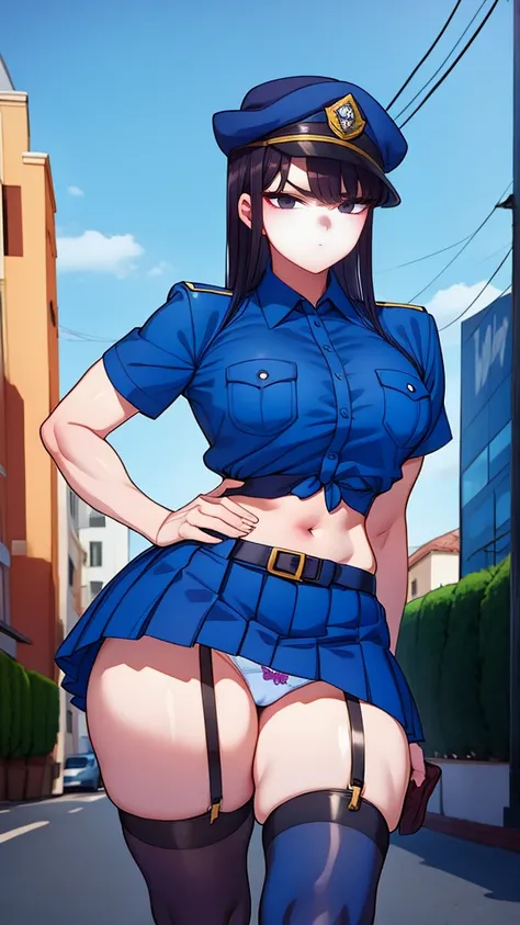 a cartoon character in a sexy suit posing on the street with a bush, police officer, police uniform, 1 girl, police woman, shirt, skirt, hat, tie, police cap, blue eyes, gloves, breasts, purple hair very dark, thighs, solo, navel, garter straps, looking at...