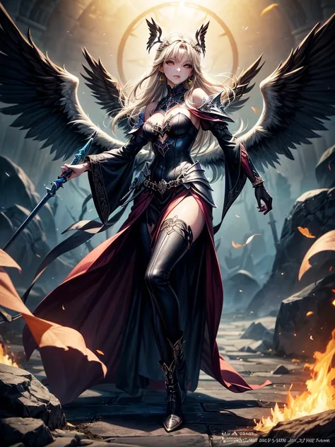 In the middle of the burning battlefield filled with broken swords and dead sodiers stand beatiful female fallen angel with black wings , she have beautiful face her eyes is golden yellow she have dark red lipstick and black eyeshadows she have piersing ri...