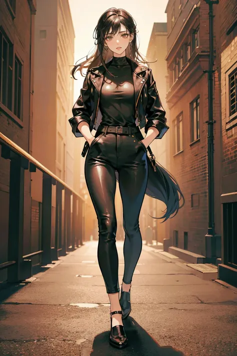 (masterpiece), best quality, small eyes, mature woman, brown eyes, long tied black hair, long nose, tan brown skin, plain white t shirt, leather jacket, black trousers, tall woman, long legs, full body, tall woman, long legs, big  , anime cover, 1girl, ear...