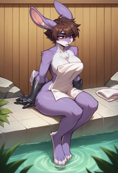 create a picture of a female half rabbit character  with purple giant rabbit digitigrade legs with white paws, put purple rabbit ears on top of her head with black stains, wrap her up in a large closed white bath towel wrapped around her whole body, put pu...