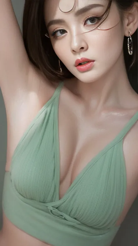 (Ultra-realistic realism、Show underarms、Ultra-realistic armpit skin、Detailed armpit wrinkles), ((Underarm posture、Underarms、Realistic armpits、full of sweat、Shiny skin、Shiny armpits)),(Illustration of wearing an apron in a café), (A high resolution), (8K), ...