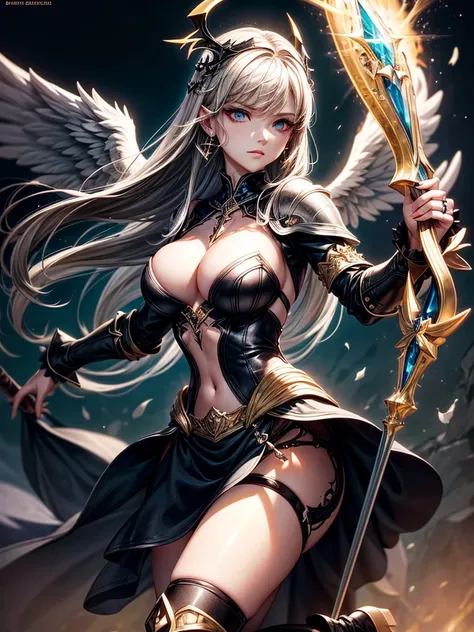 In the middle of the burning battlefield filled with broken swords and dead sodiers stand beatiful female fallen angel with black wings , she have beautiful face her eyes is golden yellow she have dark red lipstick and black eyeshadows she have piersing ri...