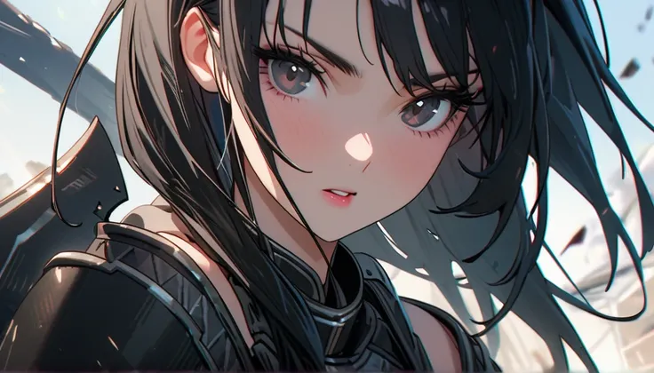 A beautiful female warrior with long black hair and wearing black armor. High resolution, 8K,