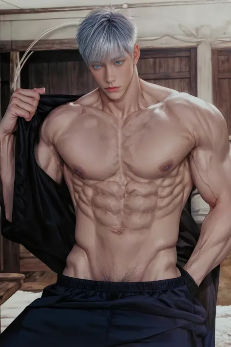 1boy, adult, handsome, perfect face, detailed eyes and face, clean shaved, muscular, capturing a rural atmosphere, dynamic lighting, unreal engine 5, hd picture, satoru gojo, white hair, short hair ,hair between eyes ,blue eyes