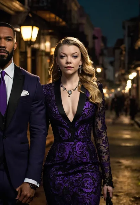 Natalie Dormer as Maman Brigitte and a handsome African American male whose facial features are a combo of Omari Hardwick + Nathan Mitchell + Yusuf Gatewood as Baron Samedi enjoy an evening stroll. Both are dressed attractively for a night on the town in N...