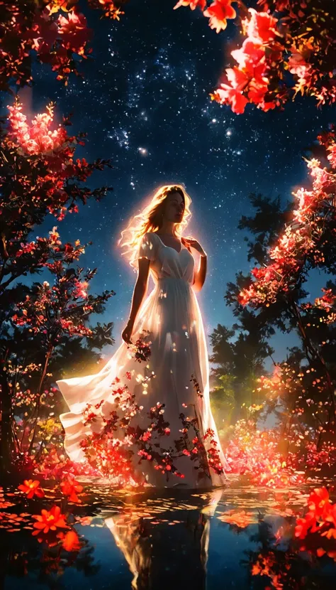 Ray Tracing Styles, A beautiful white woman in a long dress、Standing on a shining island surrounded by floating red flowers。. The black sky is reflected in the neon lights、A yellow light shines from behind her. In the center is a small tree that glows like...