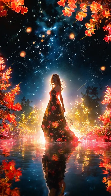 Ray Tracing Styles, A beautiful white woman in a long dress、Standing on a shining island surrounded by floating red flowers。. The black sky is reflected in the neon lights、A yellow light shines from behind her. In the center is a small tree that glows like...