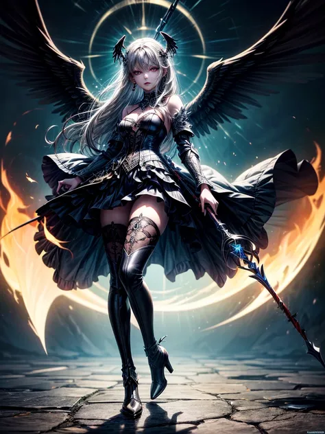 In the middle of the burning battlefield filled with broken swords and dead sodiers stand beatiful female fallen angel with black wings , she have beautiful face her eyes is golden yellow she have dark red lipstick and black eyeshadows she have piersing ri...