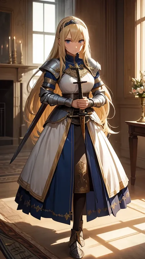 Inside the castle,inside the room,1 30-year-old female、Blonde long hair、Knight Commander、casual dress,hairband、cross arms,(Holding a sword、Claymore Great Sword),