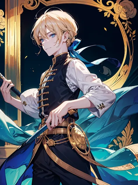 Young man with longsword , he has golden hair and low pony tail and blue eyes , he smiled.
