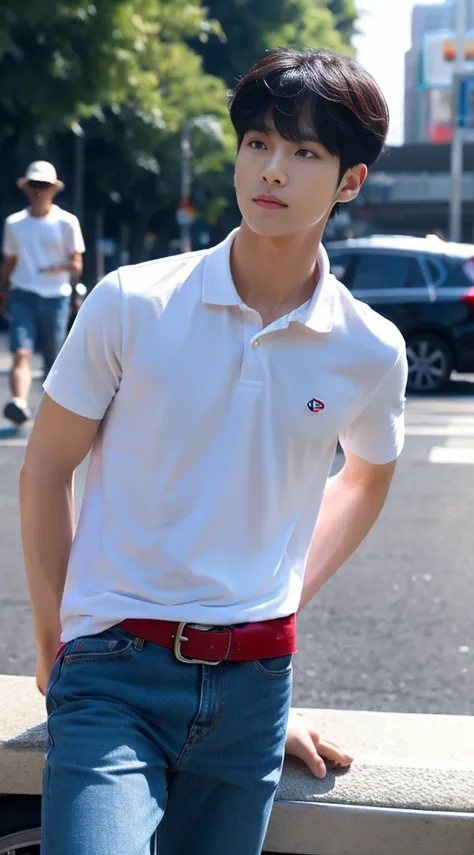 ((realistic daylight)) , Young Korean man in a navy blue polo shirt and jeans, A handsome, muscular young Asian man looks at the camera. In a simple t-shirt blue and red , roadside traffic ,((look sideways))