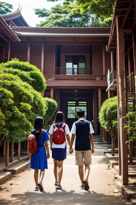 Thai female students and male students walk hand in hand