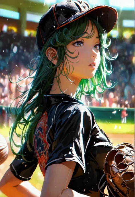 A beautiful Japanese woman (Tatsumaki,black dress, green hair) in a foxy baseball uniform pitching a ball, dynamic pitching pose, crowd cheering in the background, bokeh effect, anime style, highly detailed, intricate, vibrant colors, cinematic lighting, p...