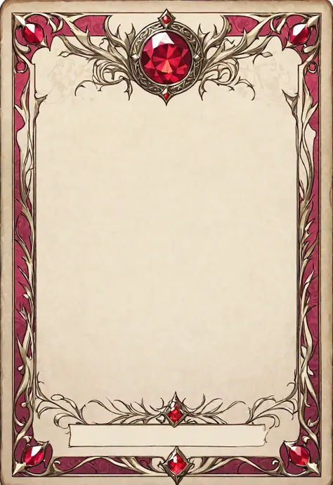 a card border ui，magical medieval style，profile style。leave a square blank space in the middle，no characters。there is a ruby und...