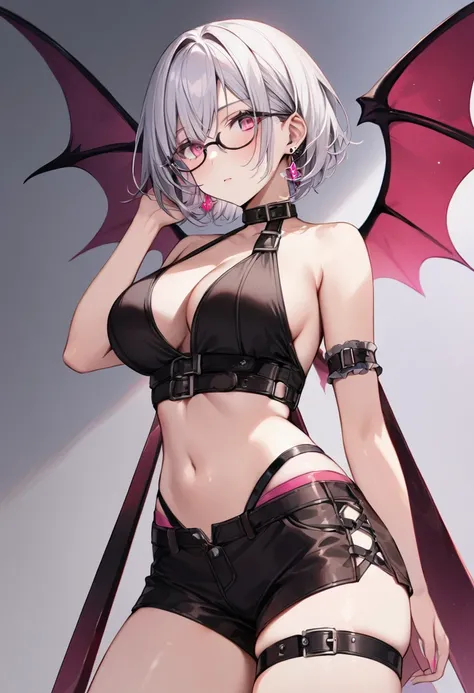 masterpiece, best quality, 1girl, solo, adult, silver hair, short hair, wearing glasses, earrings, pink eyes, detailed face, black crop top, large breasts, shorts, stocking, arm belt, infront of viewer, empty look, succubus wings, holding a great sword of ...