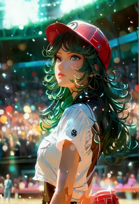 A beautiful Japanese woman (Tatsumaki,black dress, green hair) in a foxy baseball uniform pitching a ball, dynamic pitching pose, crowd cheering in the background, bokeh effect, anime style, highly detailed, intricate, vibrant colors, cinematic lighting, p...