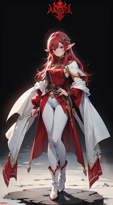 (((masterpiece, best quality))),  (elf), (1girl), solo,   red tinted hair，White armor，long black glovelack pantyhoses，Handsome standing with white boots,