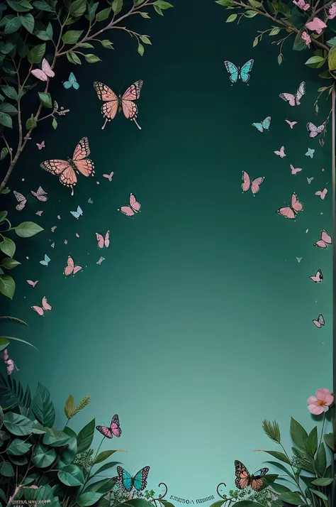 Secret garden illustration with pink and aqua green background with butterflies and birds, At the center, black backdrop