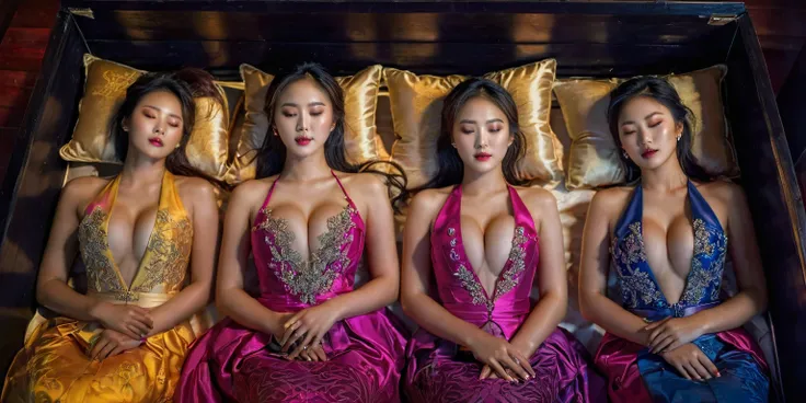 In a striking 8K HDR scene, a stunning Korean woman, 22 years old, lies peacefully in a black coffin surrounded by plush pillows. The deep box is set against a rich black background, accentuating the beauty of the subject. Her exquisite deep-V neckline keb...