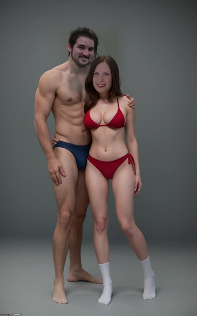 A full body photo of a man and a woman. The man is wearing boxer briefs and socks. The busty woman is wearing a bikini. They are sharing an embrace. 